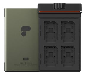 PolarPro Slate II memory card case, holds 24 cards. Aluminum, thermoplastic elastomer. Green