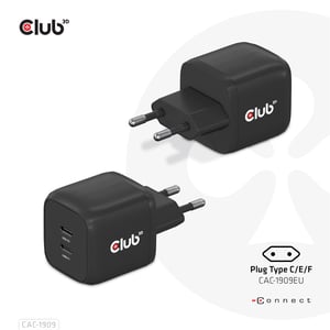 CLUB3D CAC-1909EU Ladegerät für mobile Geräte: Handy, Laptop, Smartphone, schwarz, Wechselstrom, für den Innenbereich