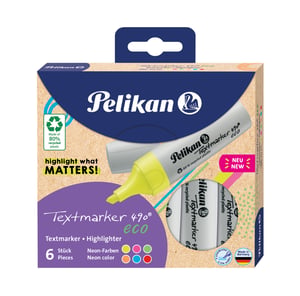 Pelikan Textmarker 490 eco, 6 Stück. Abgeschrägte Spitze, mehrfarbig