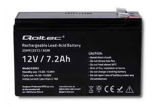 Qoltec 53062 Lead-acid (VRLA) Battery, 12 V, 7.2 Ah