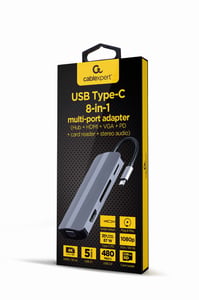 Gembird A-CM-COMBO8-02 Wired USB Type-C Docking Station, Silver
