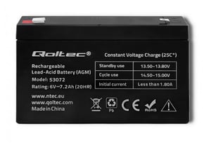 Qoltec 53072 Lead-Acid (VRLA) Battery, 6 V, 7.2 Ah