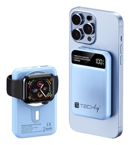 Techly I-CHARGE-10LCDBL Lithium-Polymer (LiPo) Power Bank, 10,000 mAh, Wireless Charging, Blue