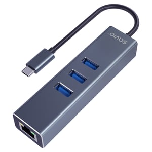 Savio AK-57 USB-C – 3 x USB-A-Hub mit RJ-45-Gigabit-Ethernet-Adapter, 5000 Mbit/s, grau; 2 x USB 3.2 Gen 2 (3.1 Gen 2) Typ C, 1000 Mbit/s, grau