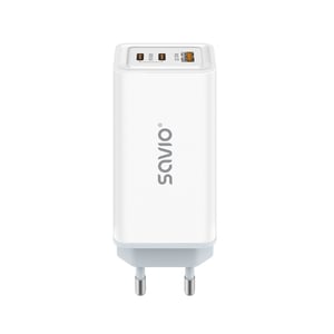 Savio LA-07 65W GaN White AC Power Adapter for Headphones, Headsets, Tablets, and Phones—White AC External Power Adapter