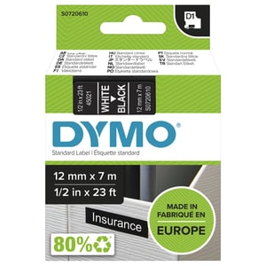DYMO D1 Original-Etiketten | Weißer Aufdruck auf schwarzem Band | 12 mm x 7 m | Selbstklebende Etiketten für LabelManager-Etikettendrucker | Hergestellt in Europa