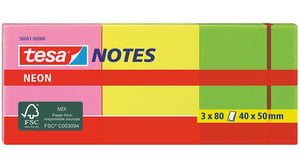 TESA 56001 Self-Adhesive Sticky Notes, Rectangular, Green, Pink, Yellow, 80 sheets. Self-adhesive