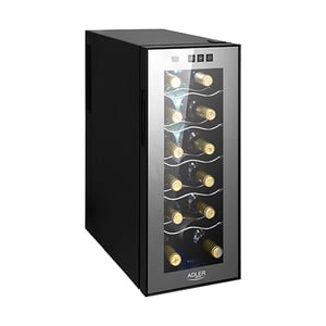 Adler AD 8075 Wine Cooler, Thermoelectric Wine Cooler, Freestanding, Black, Transparent, 12-bottle capacity.