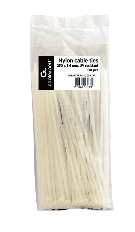 Gembird NYTFR-250X3.6-W opaska kablowa Zwalniana opaska kablowa Nylon Biały 100 szt.