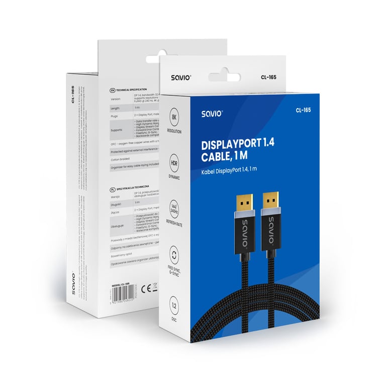 Savio DisplayPort cable 1 m Black CL-165 Biały