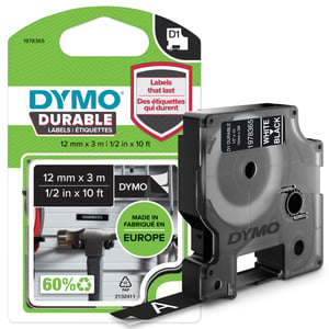DYMO Oryginalne trwałe etykiety D1 | Czarny nadruk na czarnej taśmie | 12 mm x 3 m | Taśma etykietująca do etykieciarek LabelManager