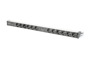 Digitus PDU-strömförsörjningslist, 12x Schuko-uttag, 2x (2,0 m, Unischuko-kontakt, 16 A, överbelastningsskydd), aluminiumprofil