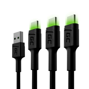 Green Cell Zestaw 3x Kabel Ray USB - USB-C120cm, zielony LED, szybkie ładowanie Ultra Charge, QC 3.0