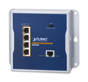 PLANET WGS-E304PT Industrieller PoE+-Wand-Extender, 1-Port-PoE++ auf 4-Port-Netzwerk-Sender und -Empfänger, blau