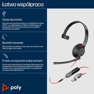 HP Poly Jednouszny zestaw słuchawkowy USB-C Poly Blackwire 5210 + wtyczka 3,5 mm + przejściówka USB-C/A