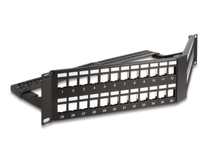DeLOCK 19″ Keystone Patch Panel, 48 ports with strain relief strip, 2U, angled, black