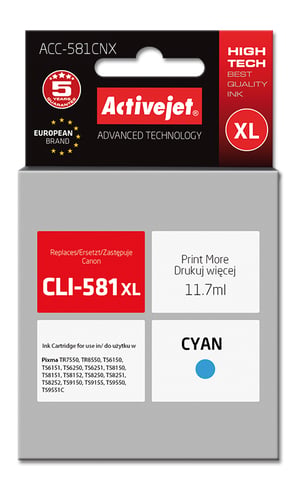 Activejet Tusz ACC-581CNX (zamiennik CLI-581C XL; Supreme; 11,70 ml; niebieski)