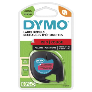 DYMO Original-Kunststoffetiketten LetraTag | Rolle 12 mm x 4 m | Schwarzer Aufdruck auf roten Etiketten | Selbstklebende Universaletiketten für LetraTag-Etikettendrucker