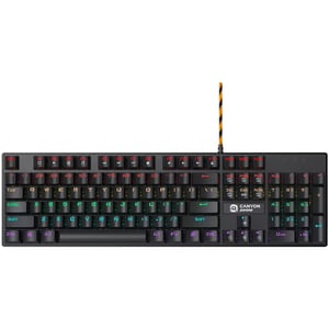 Canyon Wired – schwarze mechanische Tastatur mit farbenfrohem Beleuchtungssystem, 104 Regenbogen-LEDs für die Hintergrundbeleuchtung, individuell anpassbare Hintergrundbeleuchtung, 1,8 m langes geflochtenes Kabel, Gummifüße,englisches Layout mit Doppel-Spritzguss, 104 Tasten einschließlich Ziffernblock, Tastenkappen, 0,7 kg, Abmessungen 429 × 124 × 35 mm Tastatur