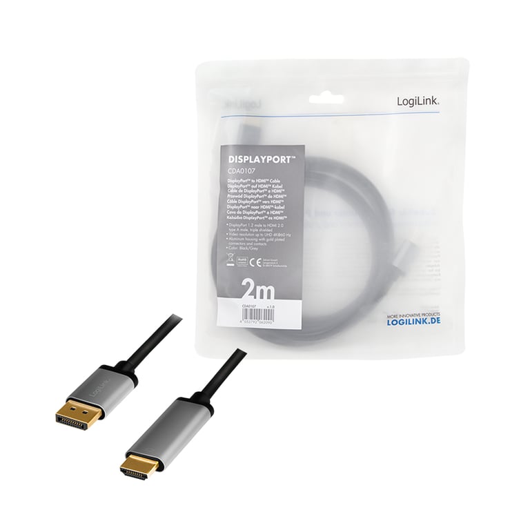 LogiLink CDA0107 adapter kablowy 2 m DisplayPort HDMI Czarny, Szary