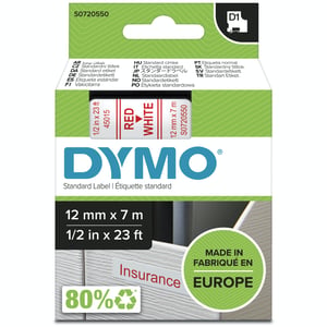 DYMO D1 Original-Etiketten | Rolle 12 mm x 7 m | roter Aufdruck auf weißem Hintergrund | selbstklebende Etiketten für LabelManager-Etikettendrucker