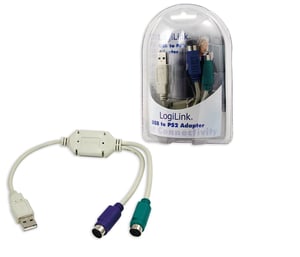 LogiLink USB-adapter – 2x PS/2-kabel, 0,2 m, 2x 6-polig Mini-DIN, USB A, grå