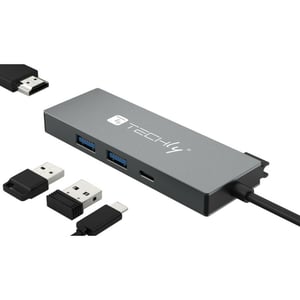 Techly IUSB32C-HUB4HPD Wired USB 3.2 Gen 2 (3.1 Gen 2) Type-C Docking Station, Gray