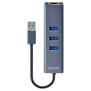 Savio AK-57 USB-A – 3 x USB-A-hubb med RJ-45 Gigabit Ethernet-adapter 5000 Mbit/s grå USB 3.2 Gen 1 (3.1 Gen 1) Micro-B svart