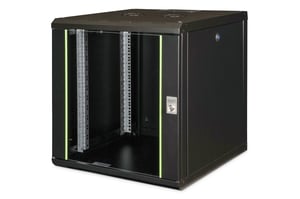 Digitus Hängande nätverksskåp Unique 19" 12U rack 600x600, glasdörrar, svart, odelat, ihopsatt, 100 kg