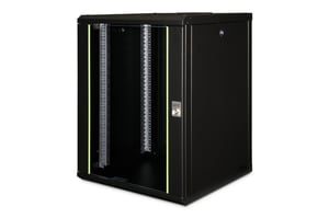 Digitus Hängande nätverksskåp Unique 19" 16U rack 600x600, glasdörrar, svart, odelat, ihopfällt, 100 kg