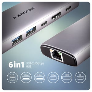 Axagon HMC-6G2L Wired USB 3.2 Gen 2 (3.1 Gen 2) Type-C Aluminum Docking Station