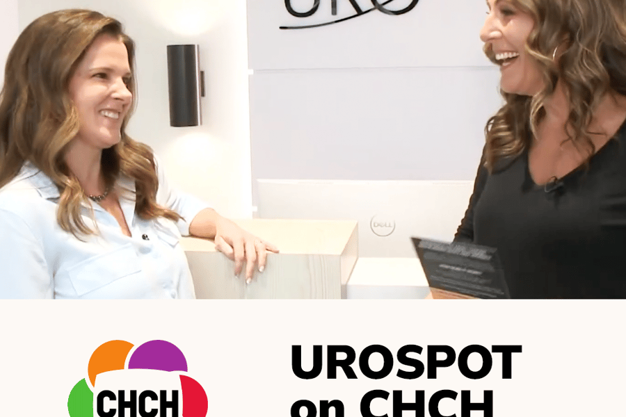 Two women engaging in conversation at UROSPOT, with the UROSPOT logo visible in the background during a segment on CHCH Morning Live.