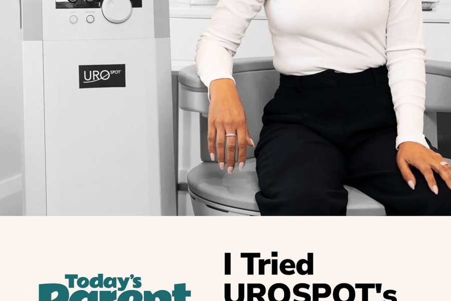 White-clad woman seated by the UROSPOT Kegel Throne with Today’s Parent logo and “I Tried UROSPOT’s Kegel Throne” text.