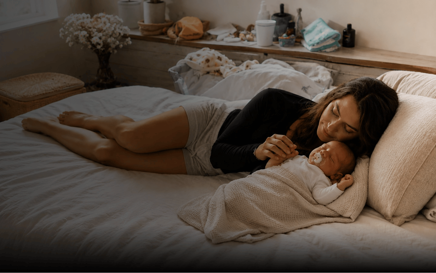 A mother rests with her newborn in bed, reflecting postpartum recovery, comfort, and renewed confidence with UROSPOT®.