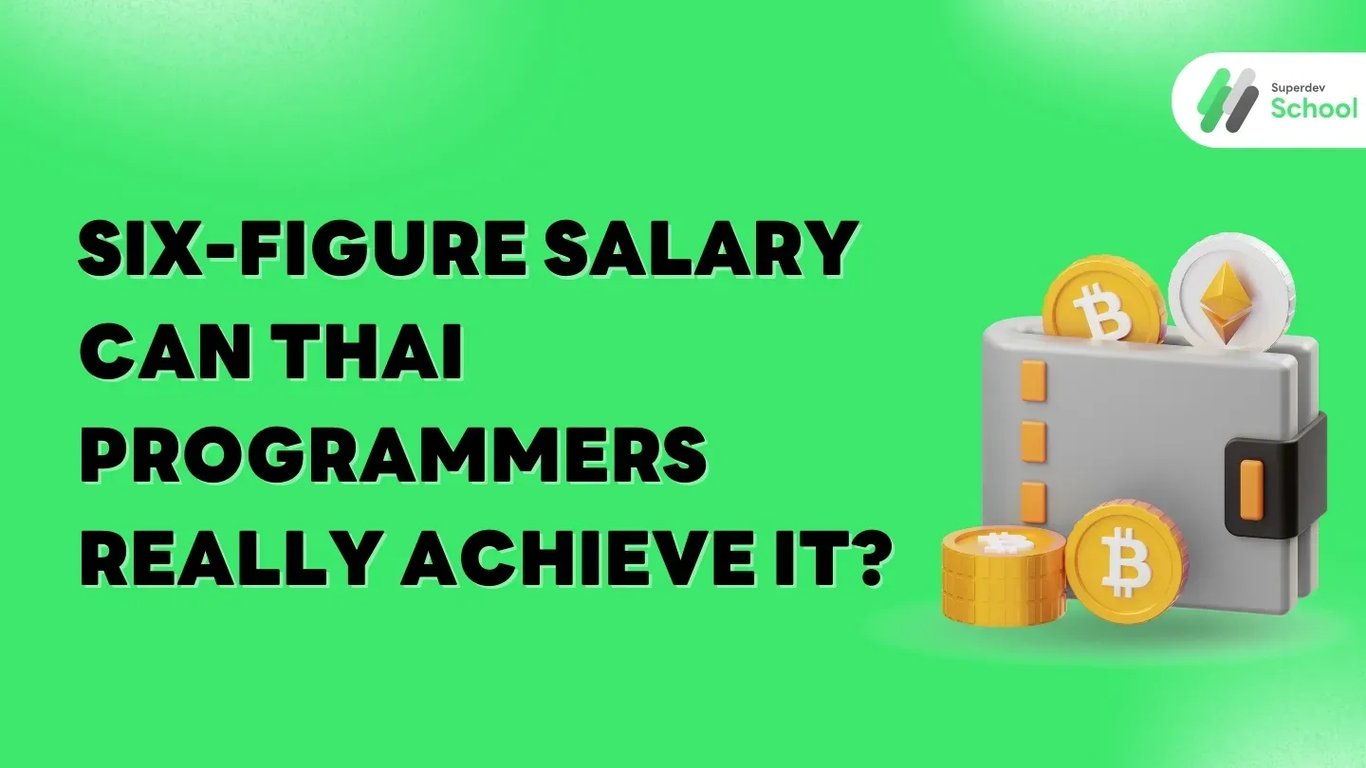 Thai programmer working at computer with salary growth chart showing six-figure income potential and IT career advancement path