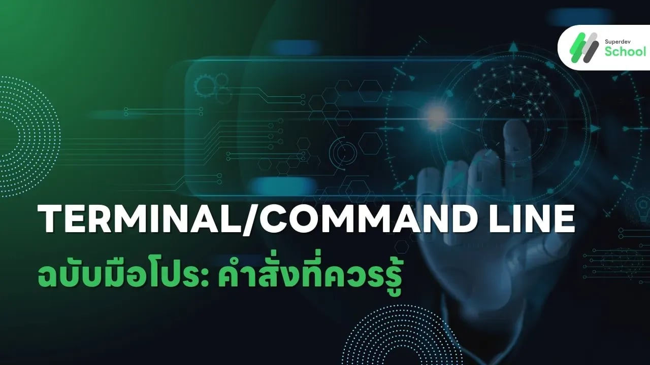 โปรแกรมเมอร์ใช้งาน terminal command line บนจอคอมพิวเตอร์ แสดงคำสั่งต่างๆ เช่น ls, cd, grep พร้อม terminal interface สีดำและ syntax highlighting
