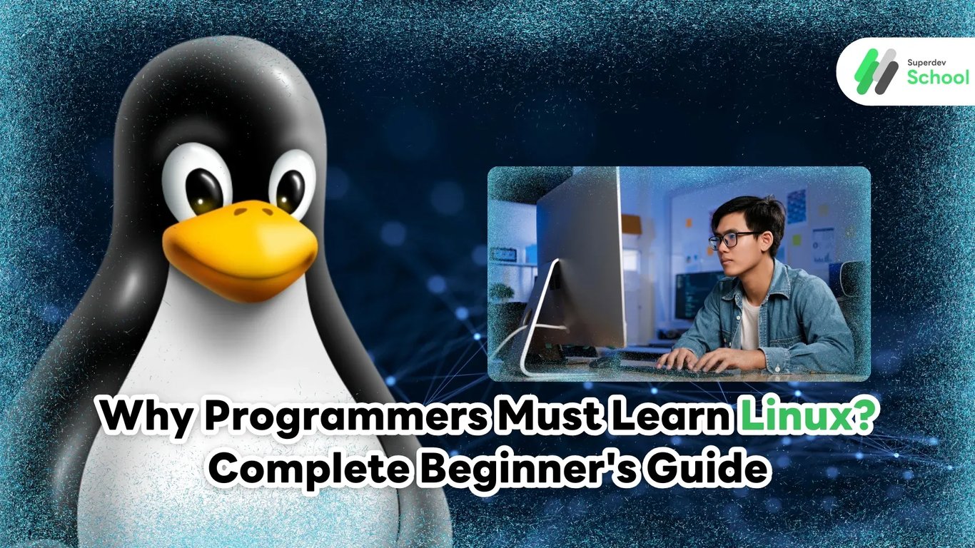 Linux penguin mascot and programming terminal interface - Why programmers must learn Linux complete beginner guide