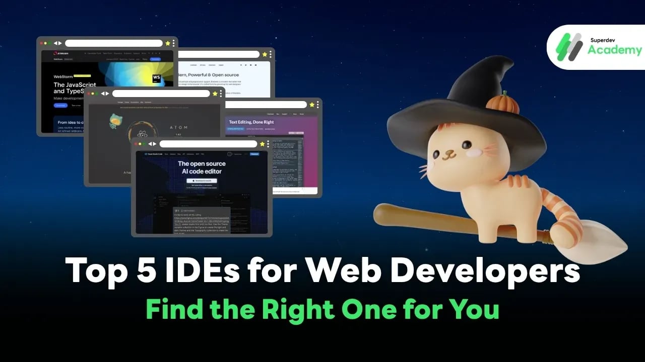 Summary image of the top 5 IDEs for web: VS Code, WebStorm, Sublime Text, Atom, Brackets