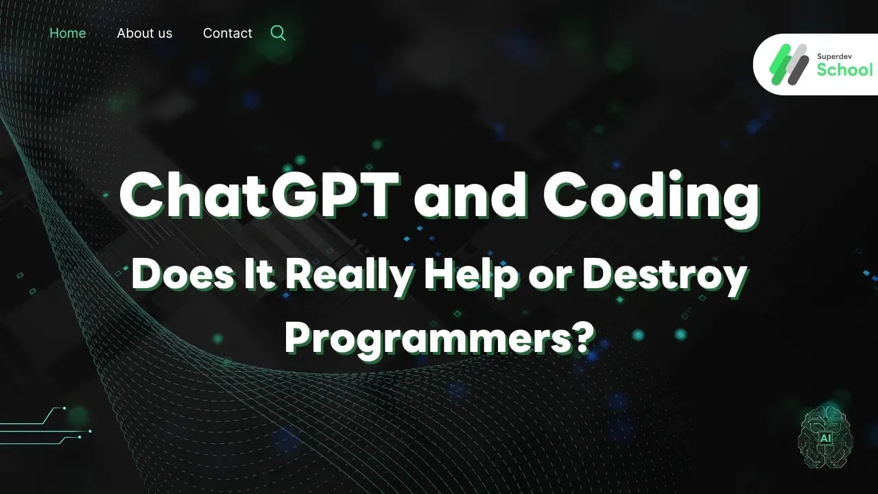 Programmer working at computer using ChatGPT for coding assistance, with AI chatbot interface and code editor open simultaneously showing AI-human collaboration