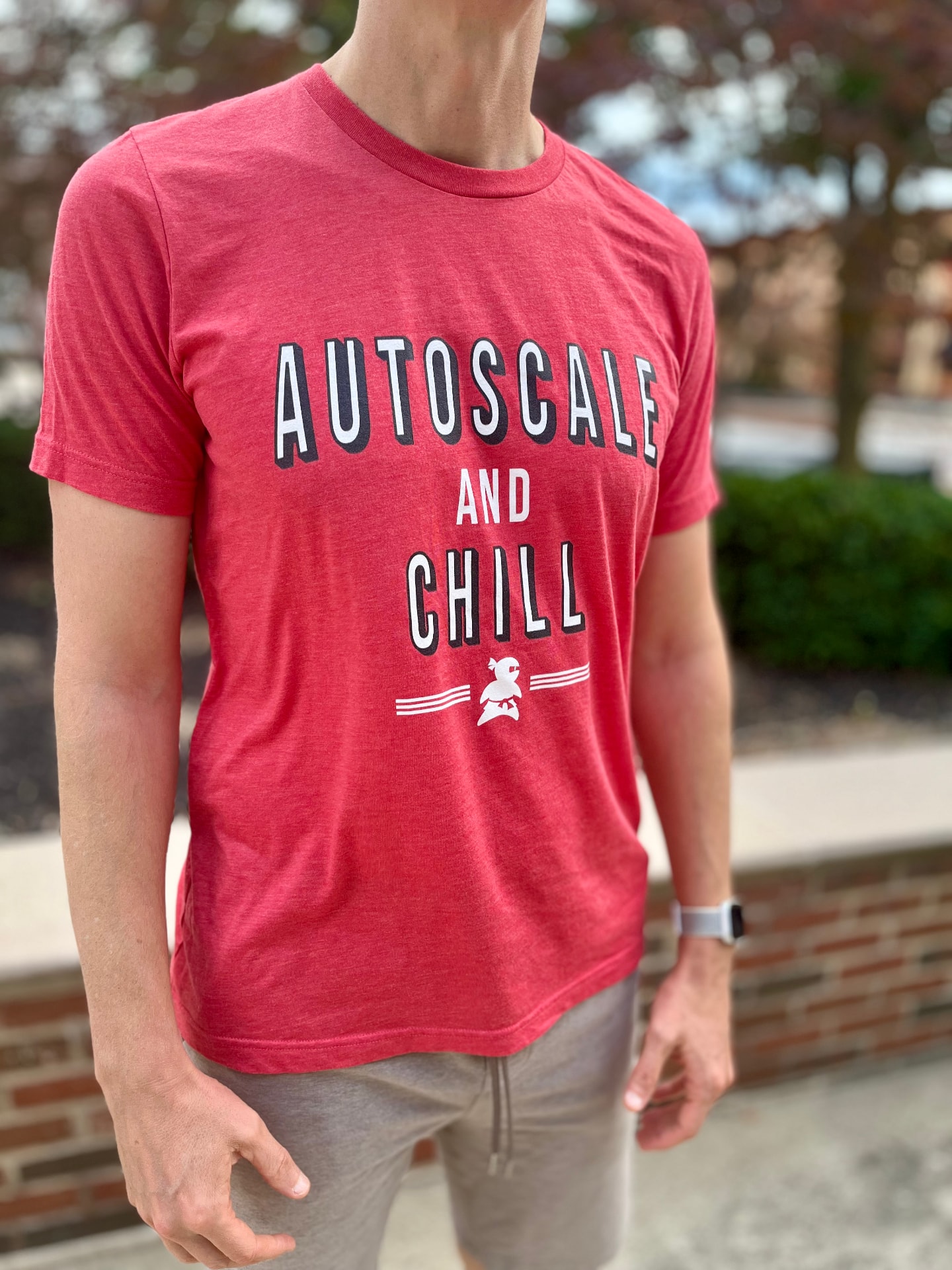 A straight-on picture of Adam wearing the new shirt to better see the design