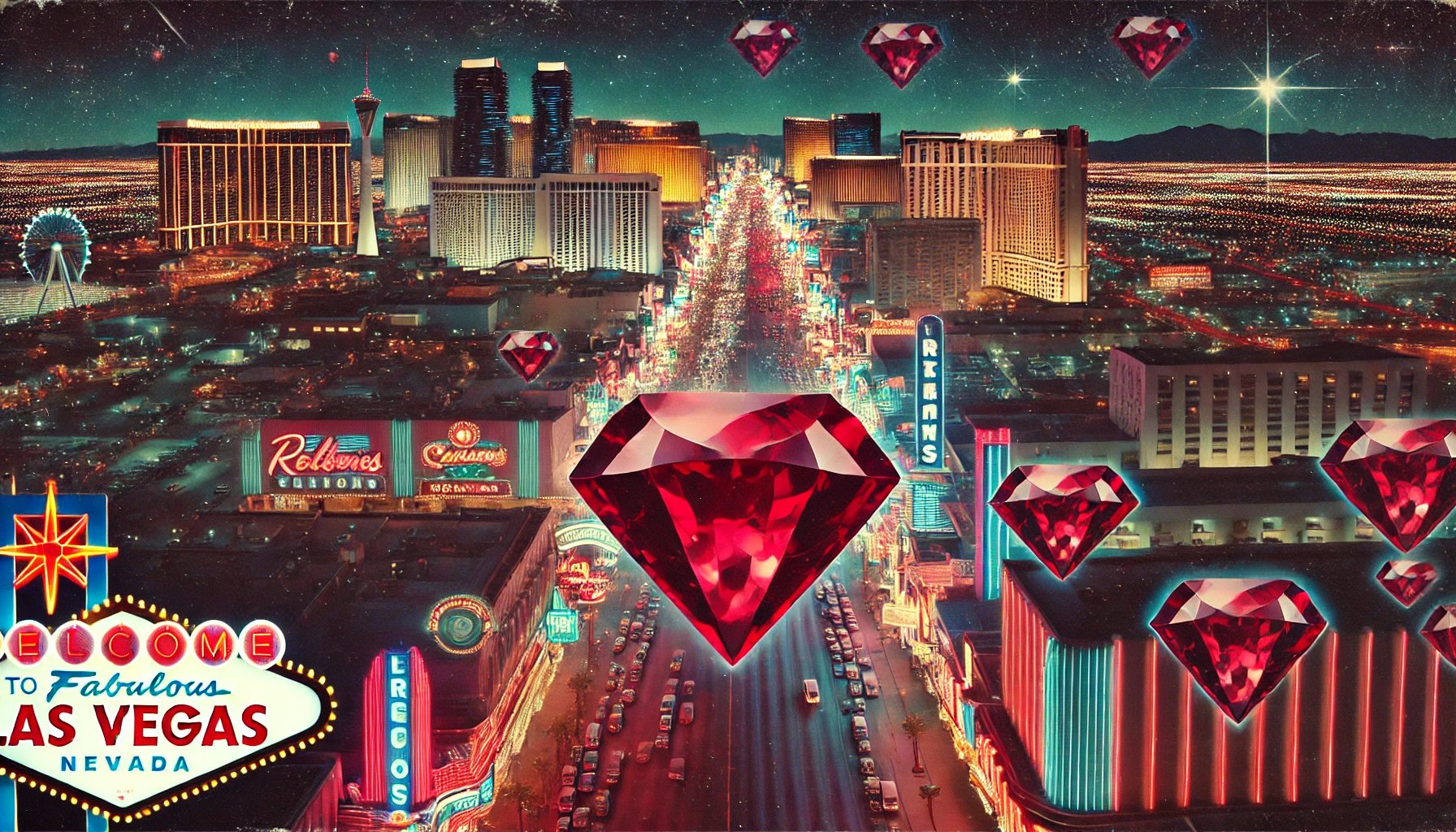 An AI-generated image of the Las Vegas strip with popular signs and buildings in view, with giant floating Rubies also throughout the image