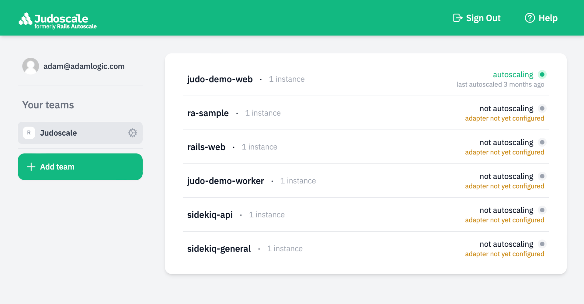 Screenshot: Judoscale team dashboard listing Render services