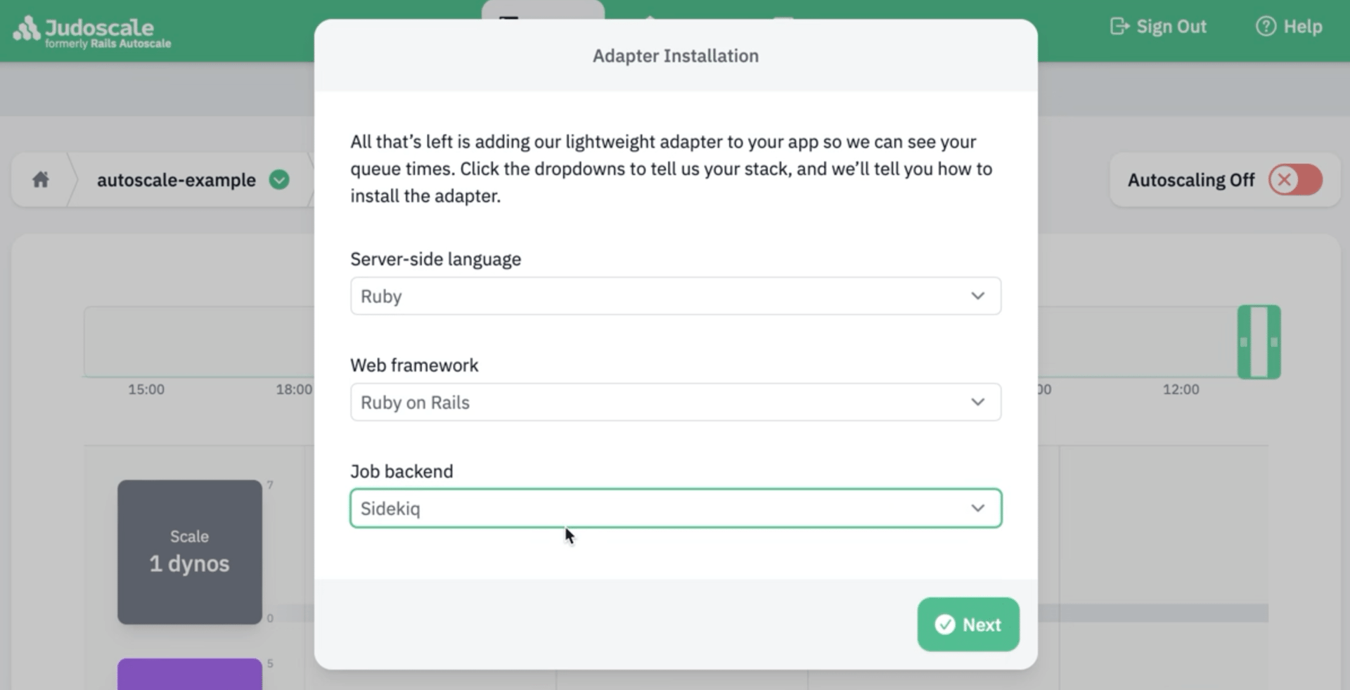 Judoscale adapter installation modal with Ruby selected