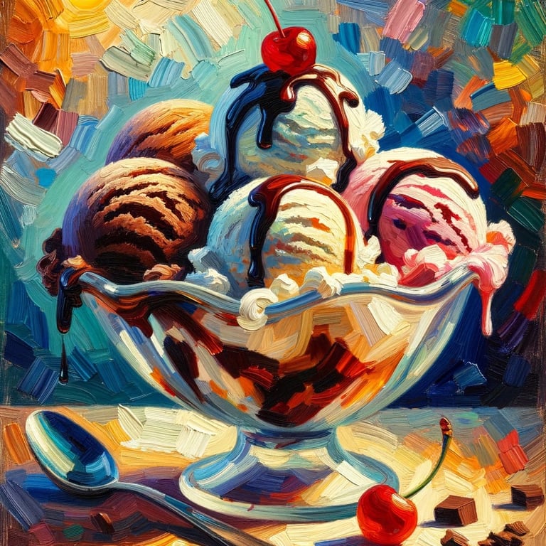 illustrative painting of the whole sundae: a bowl, a spoon, lots of ice cream, hot fudge, and a cherry on top