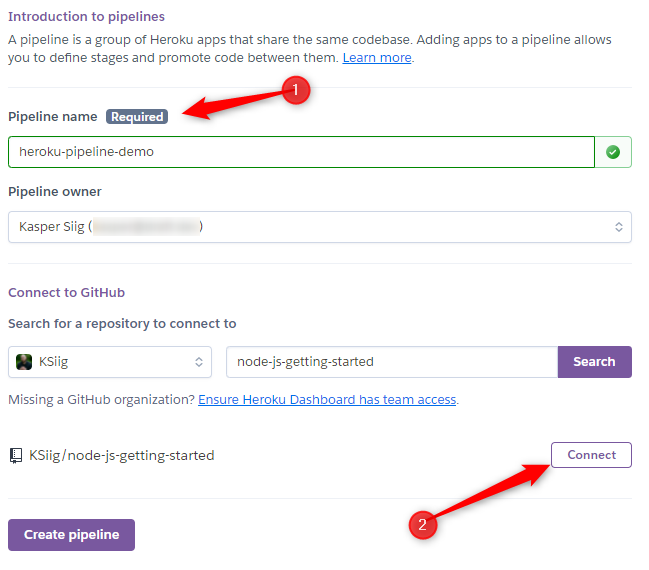 Pipeline creation screen