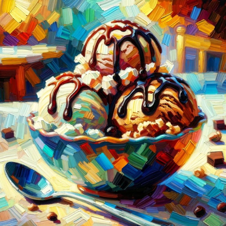 illustrative painting of a bowl, spoon, and three scoops of ice cream, now with hot fudge on top!