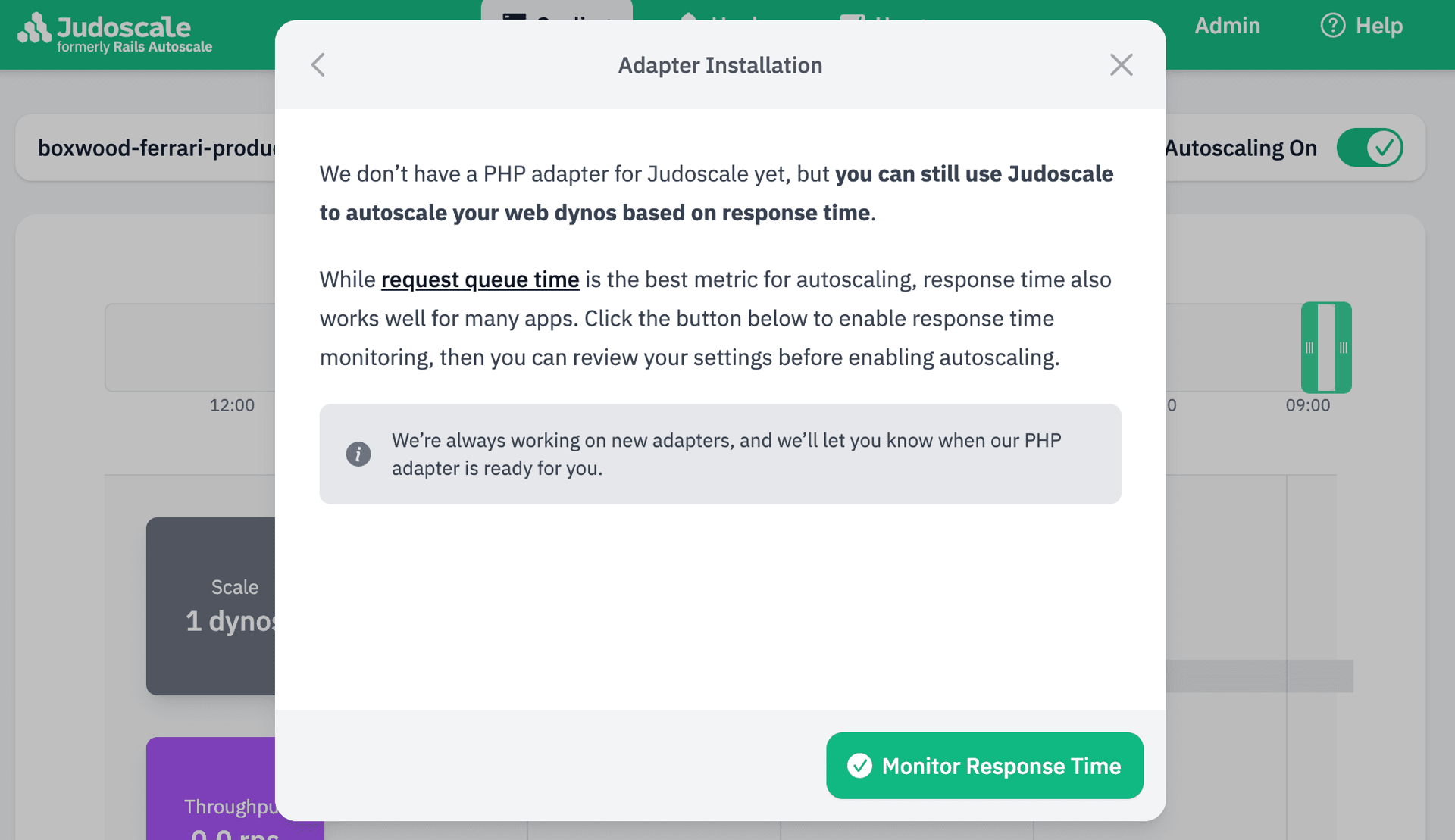Judoscale adapter installation modal, prompting to enable response time monitoring