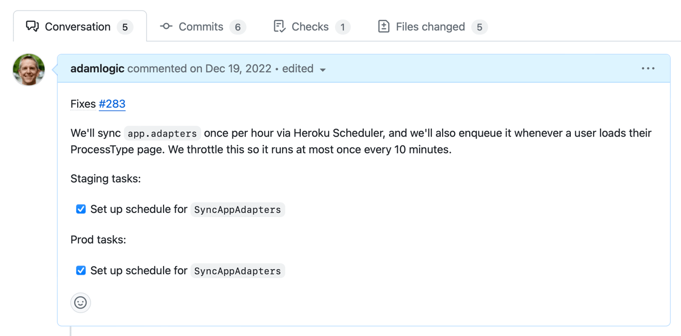 Screenshot of a GitHub pull request with tasks to set the schedule in staging and production
