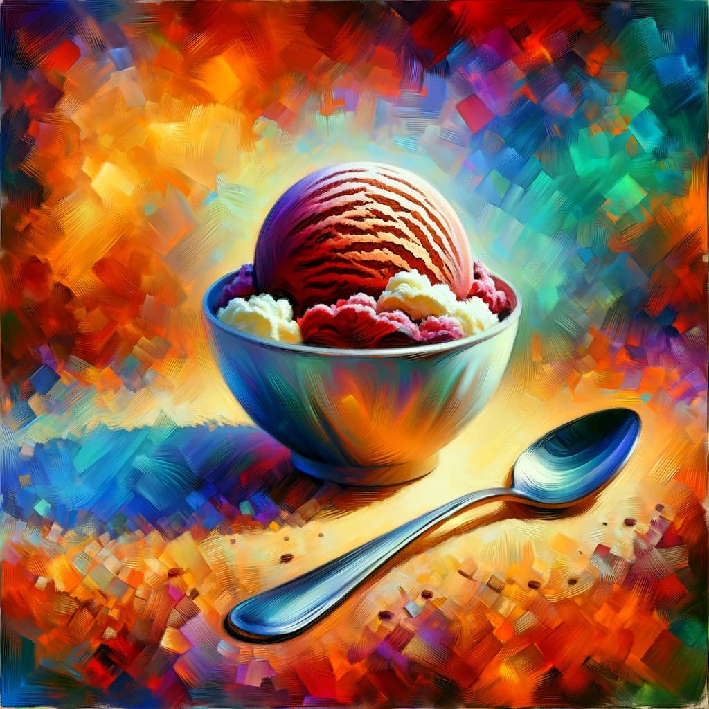 illustrative painting of a bowl, spoon, and a single scoop of ice cream