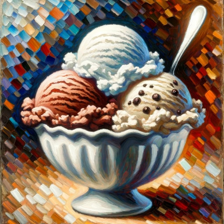 illustrative painting of a bowl, spoon, and three scoops of ice cream, one with sprinkles, and one sitting on top of the other two